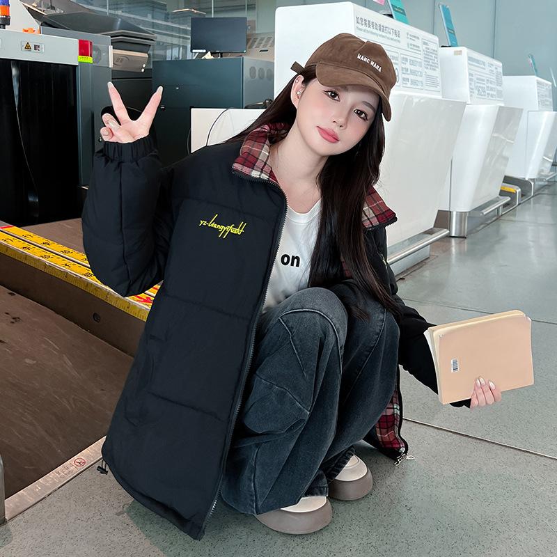 New Winter Stand-up Collar Striped Cotton Jacket Korean Version Loose and Simple Cotton Jacket Women's Jacket