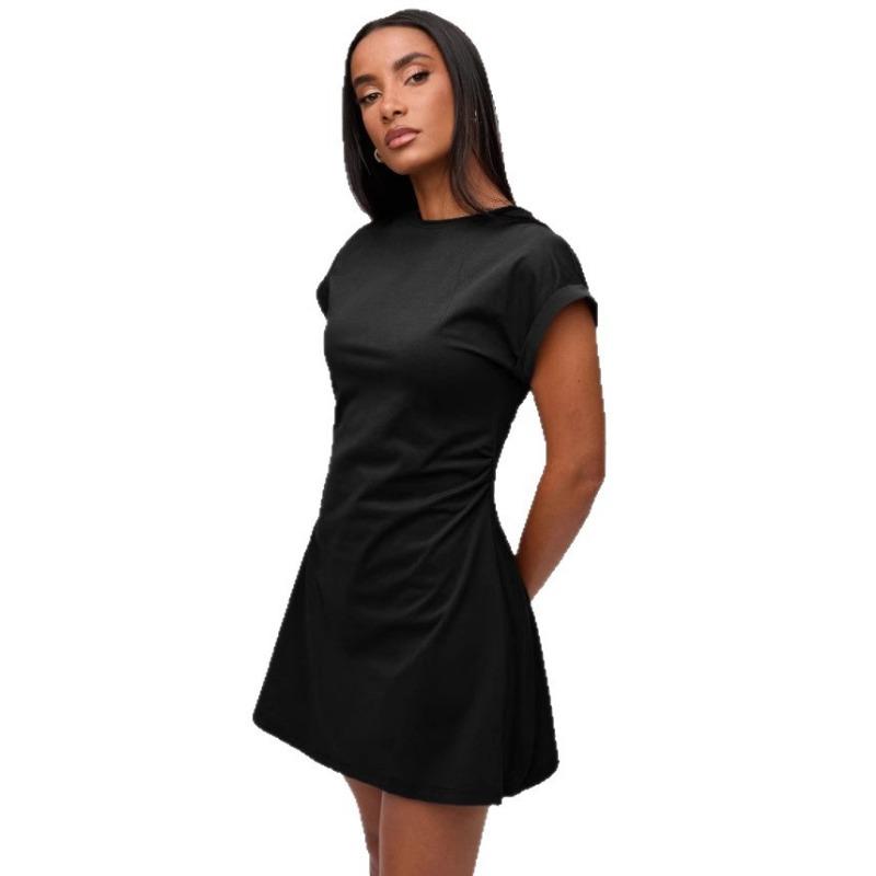 This Summer's New Figure-hugging and Slimming Solid-color Pleated Fly-sleeved Dress Features A Stylish Short-sleeved and Short-skirt Design