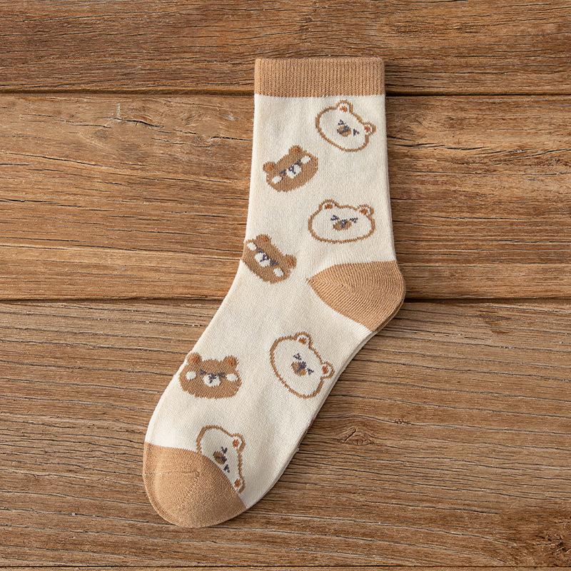Women's Spring and Autumn Thickened Warm Wool Socks, Trendy Socks, Mid-calf Socks, Cartoon Bear Jacquard Women's Socks