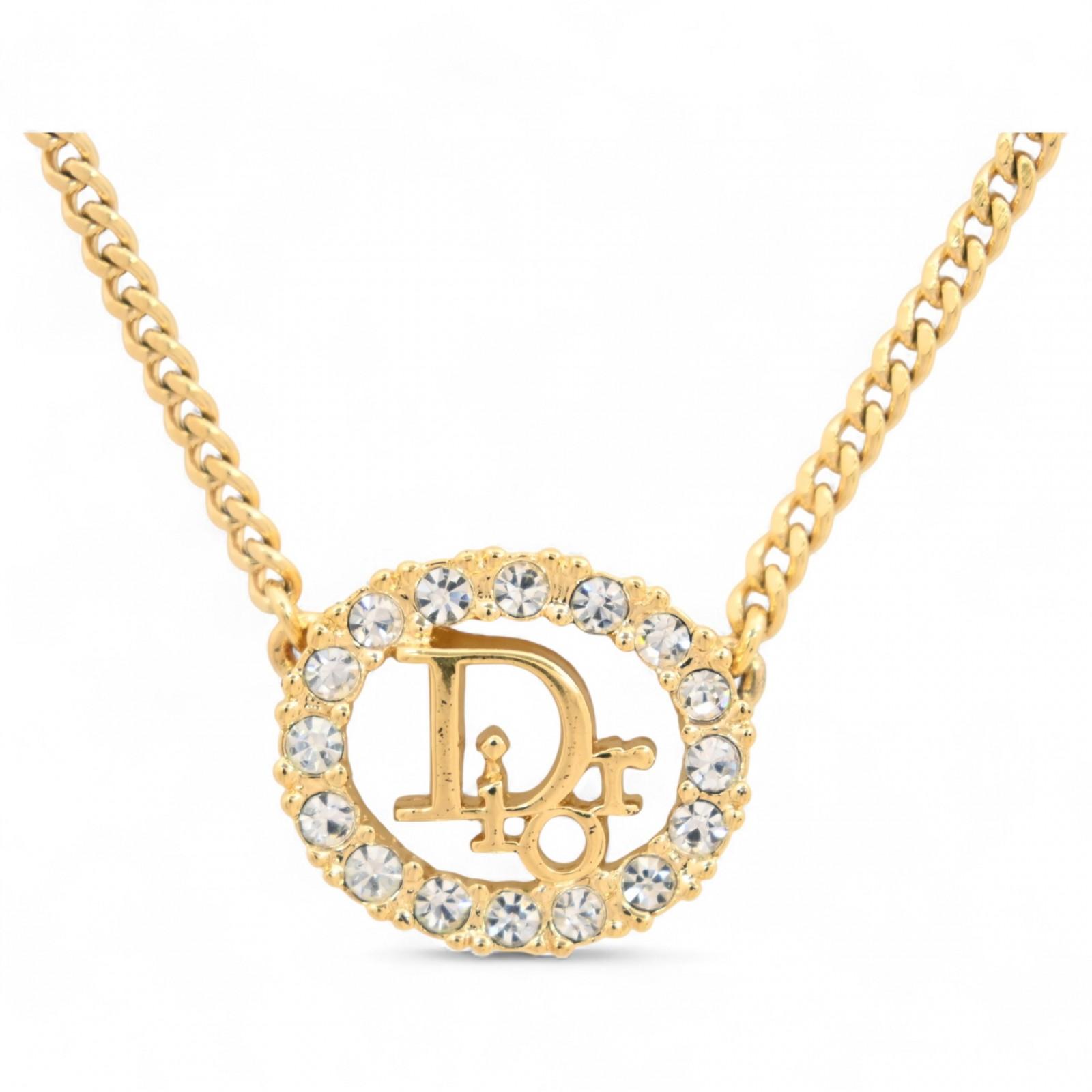 

Auth DIOR Logo Oval Rhinestone Necklace Metal di3309cn