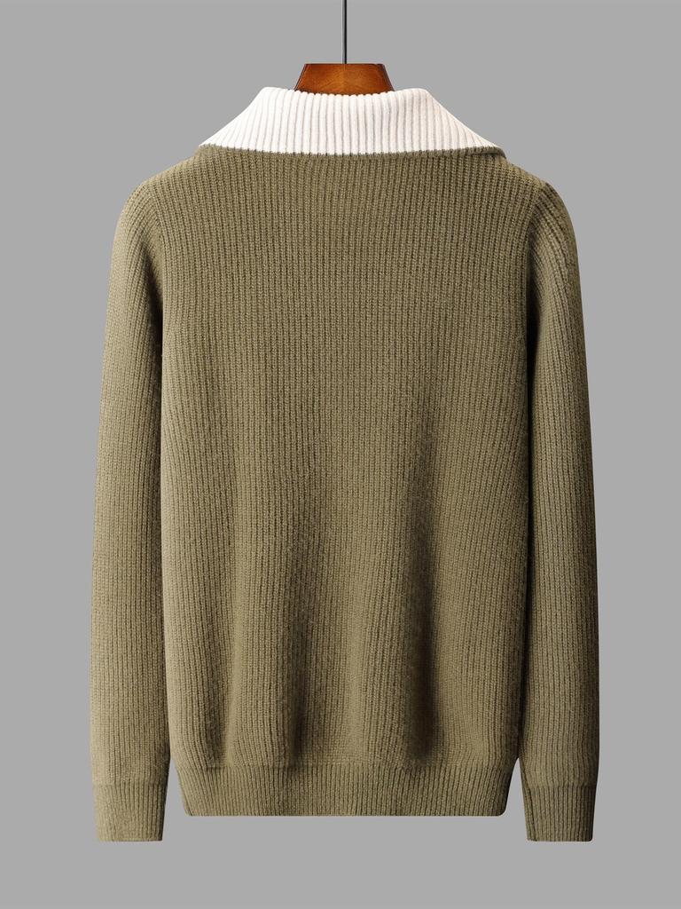 Men's Fashion Versatile Half-Zip 100% Wool Color Block Sweater