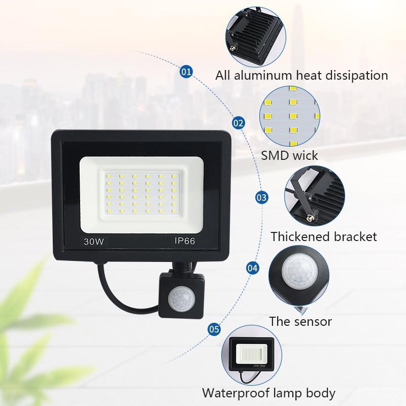 Motion Sensing LED Floodlight Outdoor Led Spotlight 20W 30W 50W 100W IP66 Waterproof Courtyard Garden Street Lighting Wall Lamp