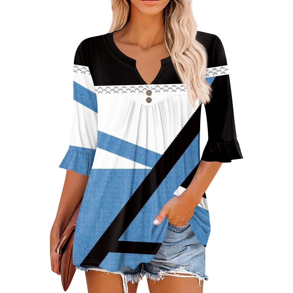 3/4-Ärmel Oberteile für Damen Lässige Rüschen V-Ausschnitt T-Shirts Arbeitsblusen Elegante Tunika-Oberteile
