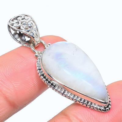Natural Rainbow Moonstone Gemstone 925 Solid Sterling Silver Pendant 1.77" A7f12