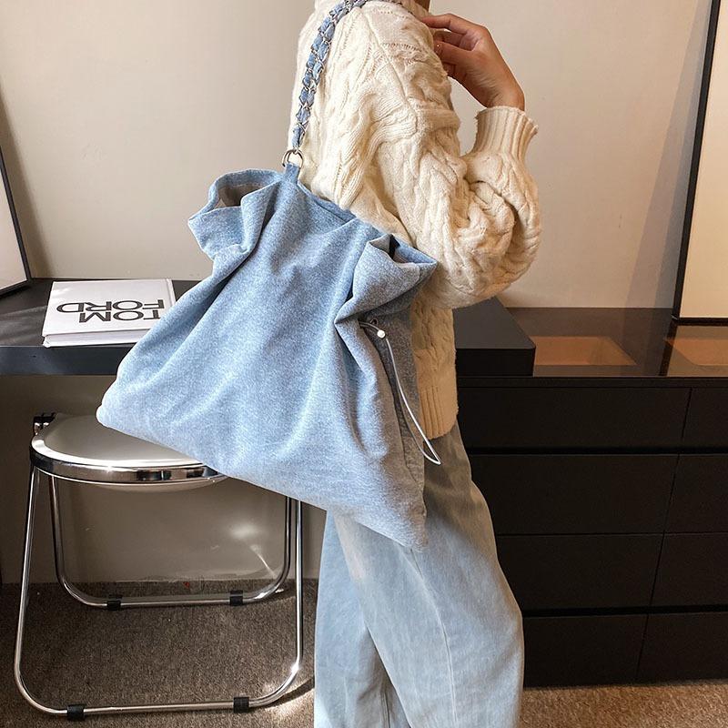 Personalized Hundred Denim Chain Tote Bag Drawstring Shoulder Underarm Bag