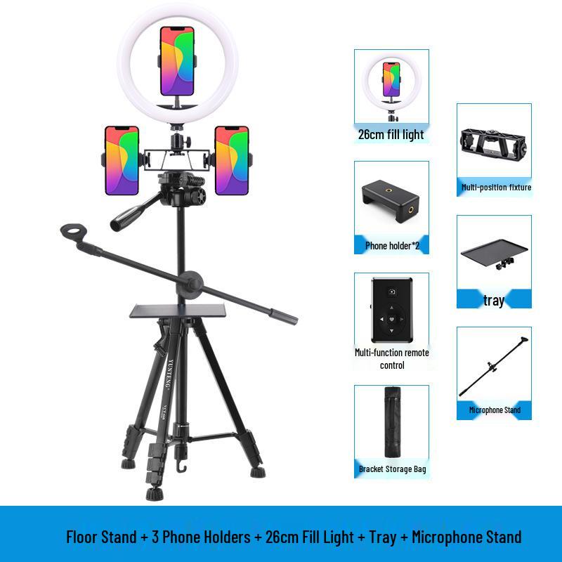 Dual Camera Live Streaming Stand with Fill Light for Multi-Phone Video Shooting and Product Promotion
