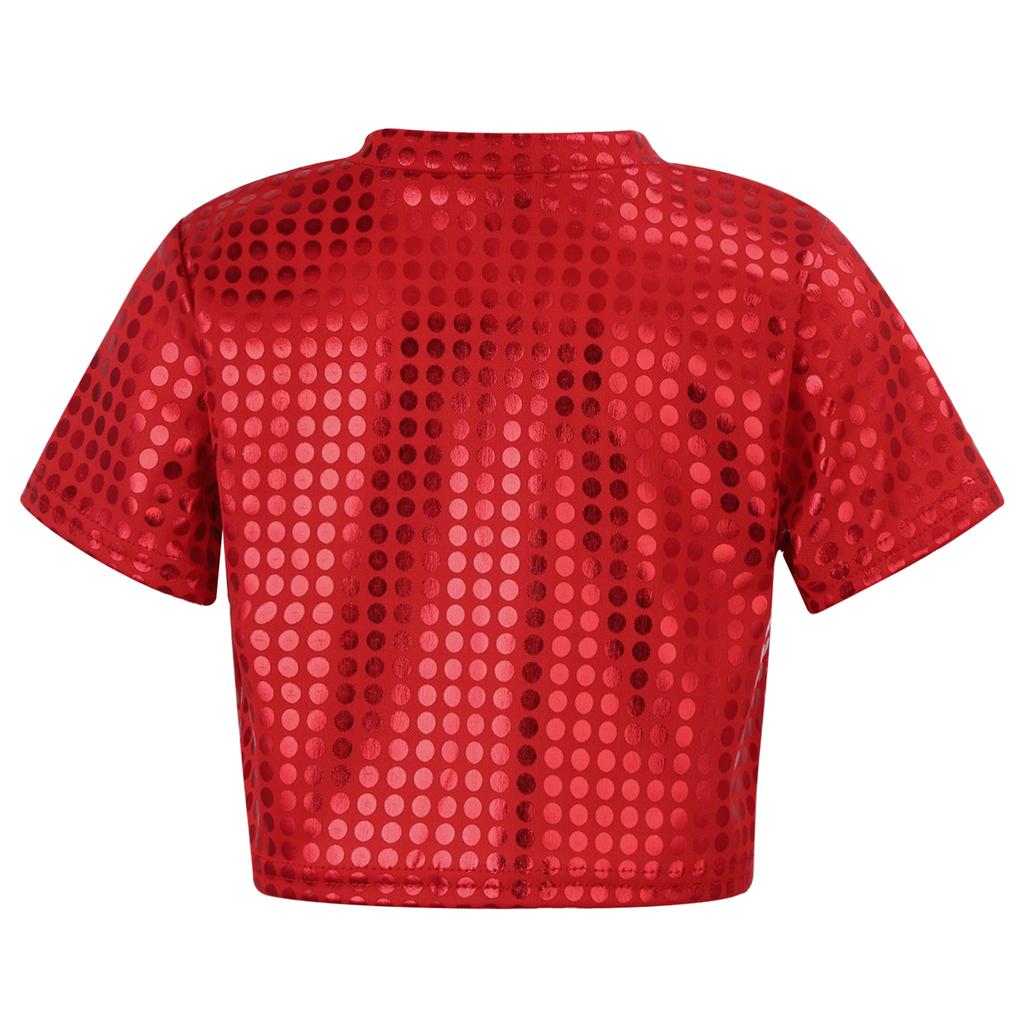 Chlapecké Dívčí Třpytivé Taneční Crop Top Kulatý Výstřih Krátký Rukáv Flitrovaný Design na Vystoupení
