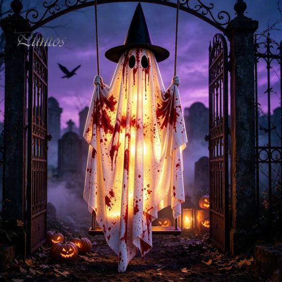Front Porch Holiday Display Hanging Swing Ghost Halloween Decoration, Spooky Light Up Large Swinging Adjustable Cord with Blood Fabric for Yard