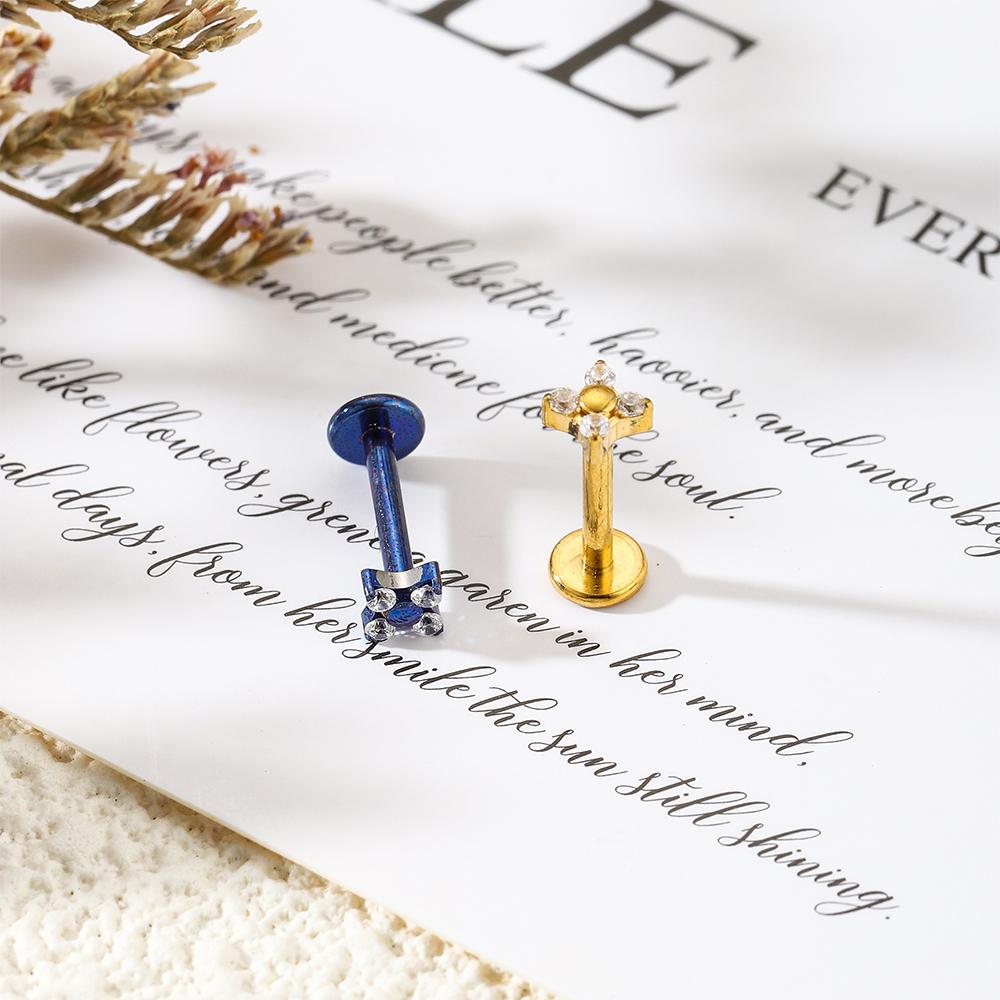 ASTM F136 Titanium Anodizing Four Petal Flower CZ Cartilage Earring 16G Internally Threaded Flat Back Labret Piercing Jewelry