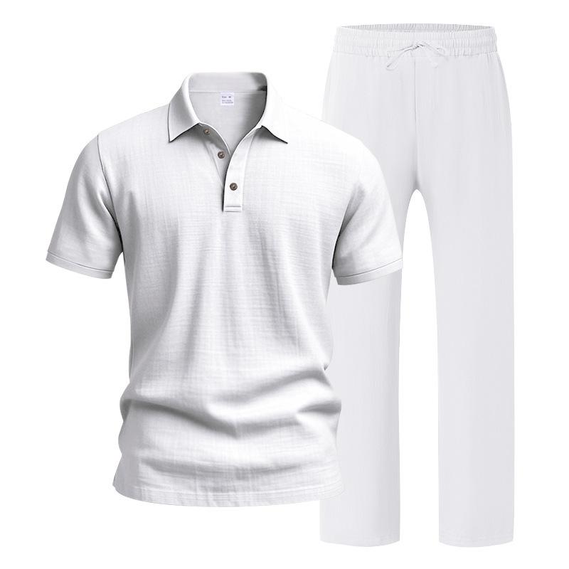 Men's European & American Linen Beach Set: Short-Sleeve Polo Shirt & Long Pants