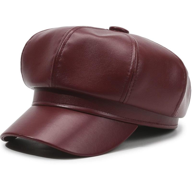 1PC PU Leather Winter Fall Peaked Caps Adjustable Painter Hat New Berets Women Hat Solid Color Beret Octagon Slimming Face
