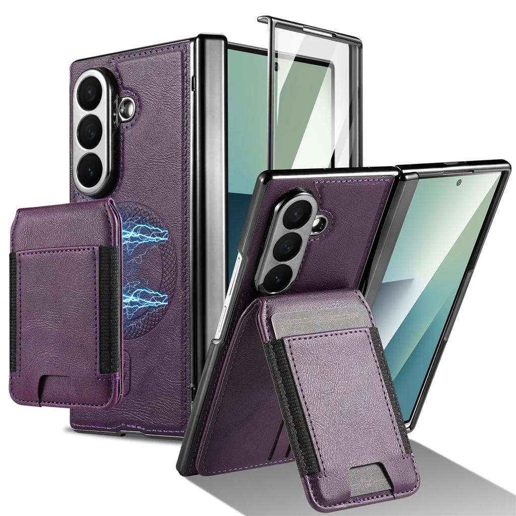 Magsafe Magnetic Leather Hinge Phone Case Screen Protect Film Wallet Cards Holder Cover for Samsung Galaxy Z Fold 7 6 5 4 3