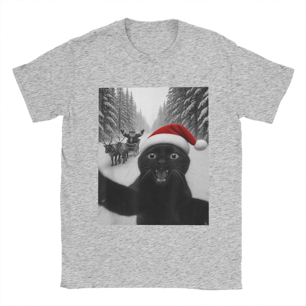 Lustiges Katzen-Selfie mit dem Weihnachtsmann Weihnachts-T-Shirts für Herren Tolle T-Shirts Kurzarm Rundhals-T-Shirts Neu eingetroffene Kleidung