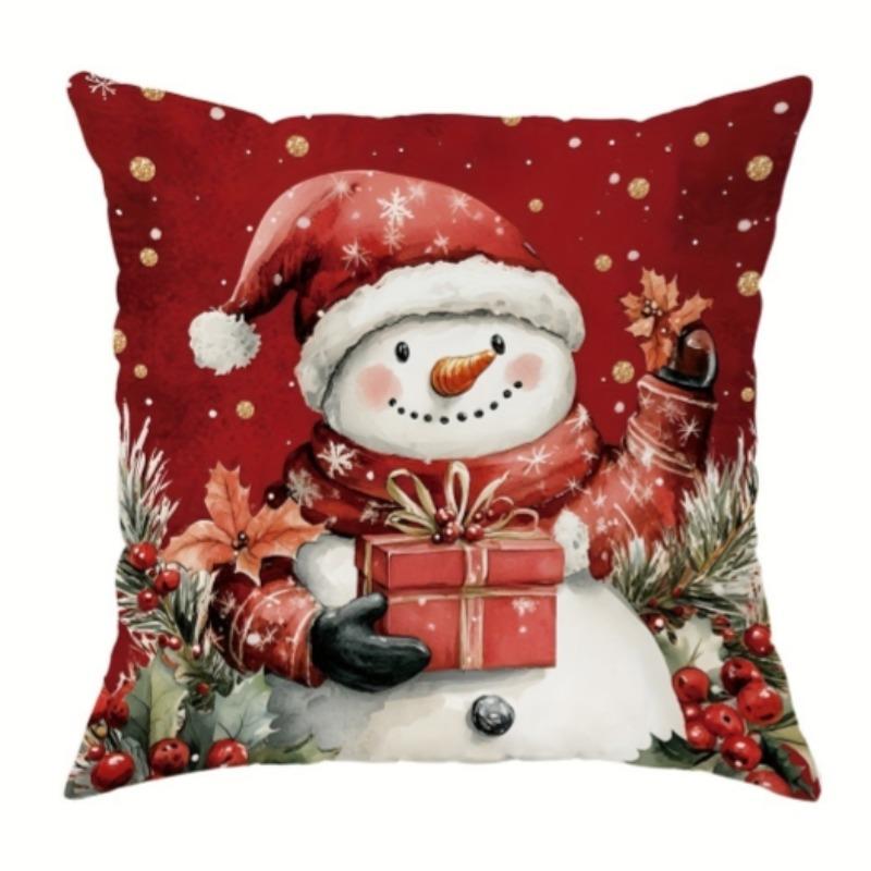 Christmas Pillow Cover, Skin-Friendly, Santa Snowman Wreath Pattern, Holiday Sofa Decor