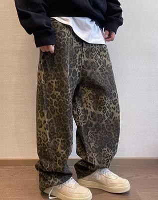 Unisex Tan Leopar Kot Erkek Kot Pantolon Büyük Boy Geniş Bacak Pantolon Sokak Hip Hop Vintage Gevşek Rahat Hayvan Baskı