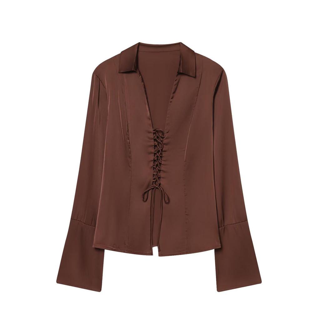 European & American 2025 Fashionable Satin Tie-up Micro-Flare Women's Shirt Top