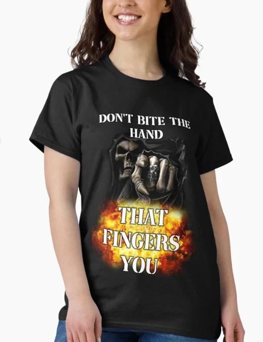 dont bite the hand that fingers you edgy skeleton meme Classic T-Shirt 3XL