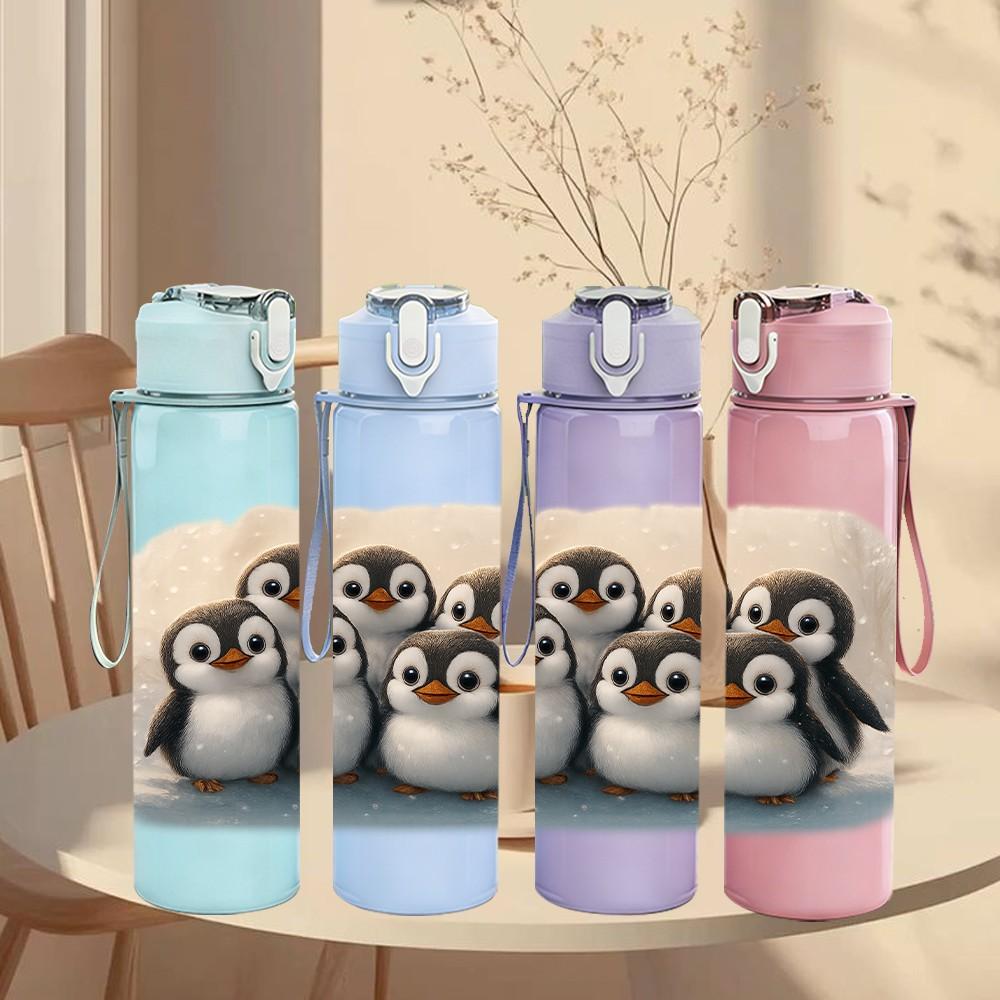 1PC Group Penguin Family Antarctic Print 750ml Color Plastic Sports Water Bottle Leakproof Flip Straw Lid Suitable for Sports Office Home Use