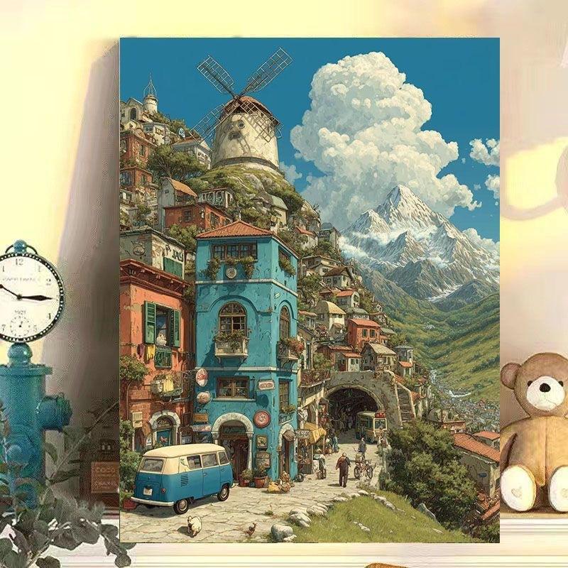 Diy Digital Oil Painting Hayao Miyazaki Style Town Series Hand-Filled Coloring Oil Painting Decompression Cure Decorative Hanging Painting