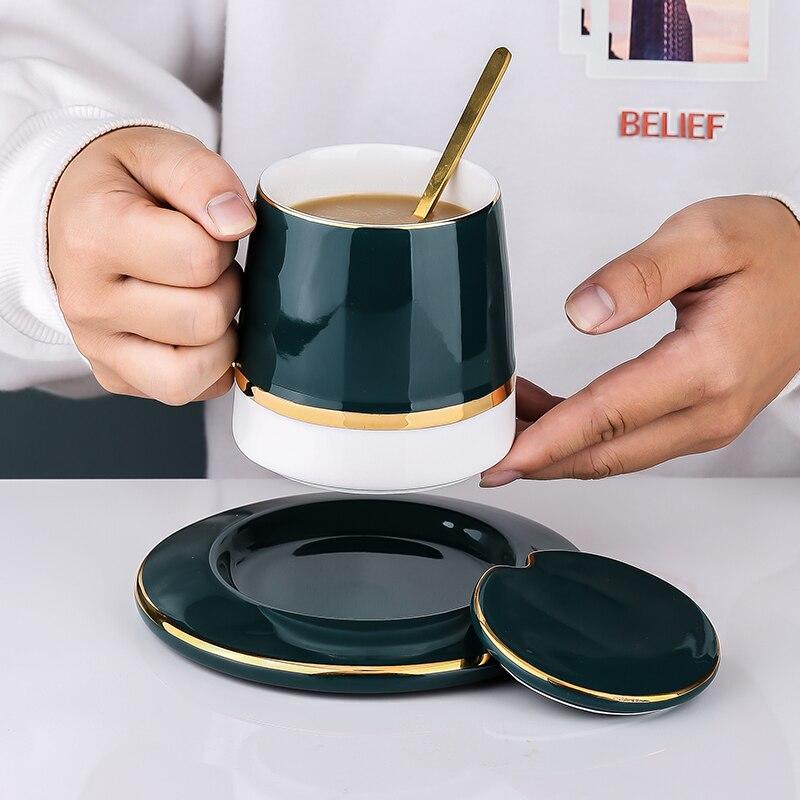 Keramiktasse mit Deckel Milchkaffeetassen Europäisches Porzellan Kreativ Einfach Espresso Paar Teetasse und Untertasse Set Goldlöffel Tassen|Tassen