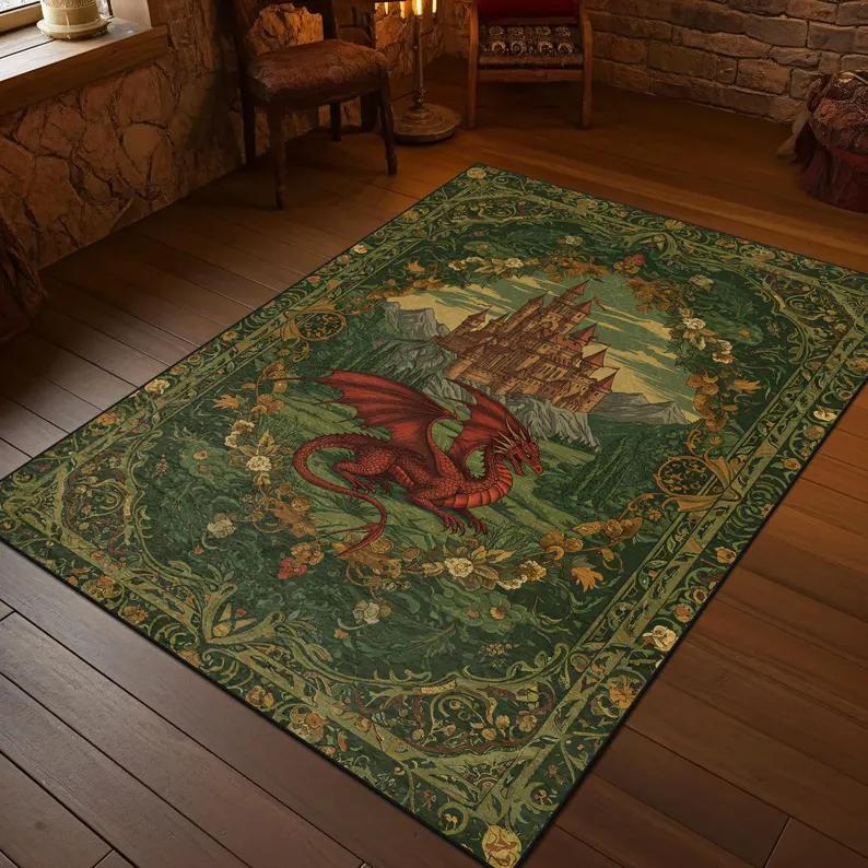Dragon Rug for Goth Room, Dark Academia Magical Dragon Rug Home Decor, Gothic Rug for Witchy Room Fairycore Rug Sunroom Balcony