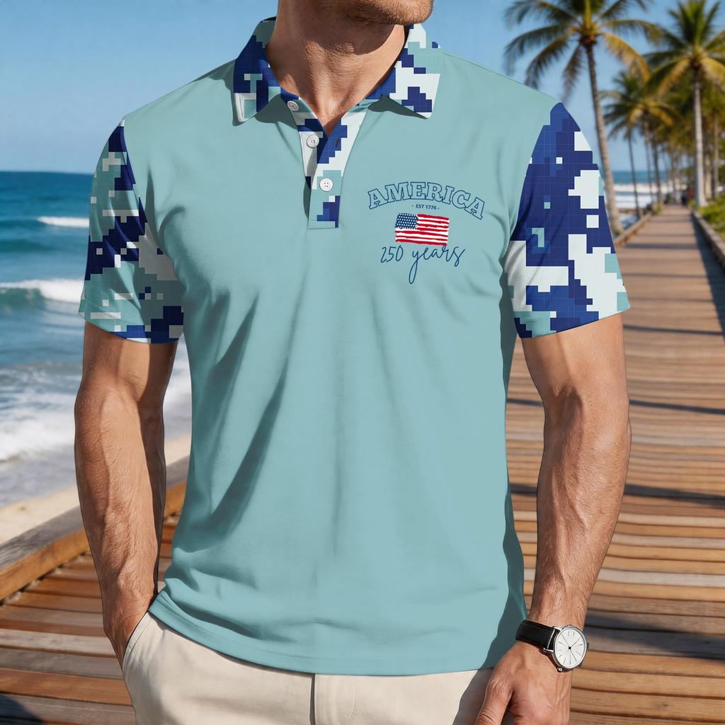 Men's Loose Fit Casual Polo Shirt Short Sleeve Flag Print Button Down Collar Lightweight Breathable Fabric Summer Top