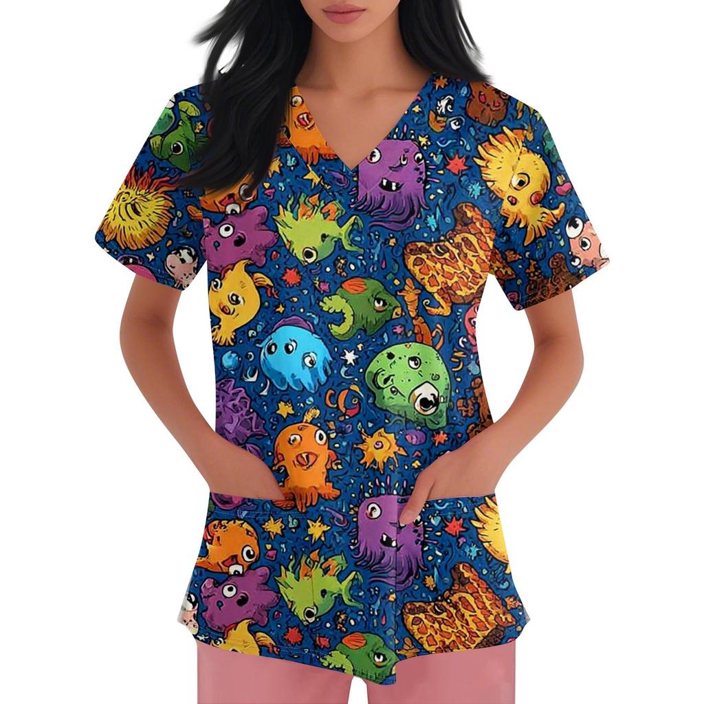 Dámské pracovní oblečení s výstřihem do V a krátkým rukávem s potiskem, s bočními kapsami s rozparky a uniformy