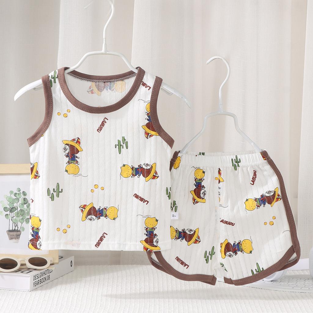 Kinder Ärmelloses Set Sommer Baumwolle Mädchen Shorts Schlafanzug Koreanischer Stil Jungen Tanktop Outfit Kinder Bekleidungsset