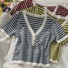 Fashion Summer Temperament Versatile Striped V-neck Pearl Buttons Short Paragraph Short-sleeved Knit Shirt Tops Female Casual Slim Fit Pullovers Tees