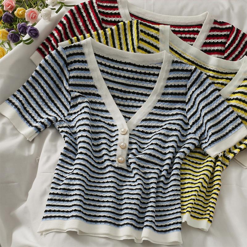 Fashion Summer Temperament Versatile Striped V-neck Pearl Buttons Short Paragraph Short-sleeved Knit Shirt Tops Female Casual Slim Fit Pullovers Tees