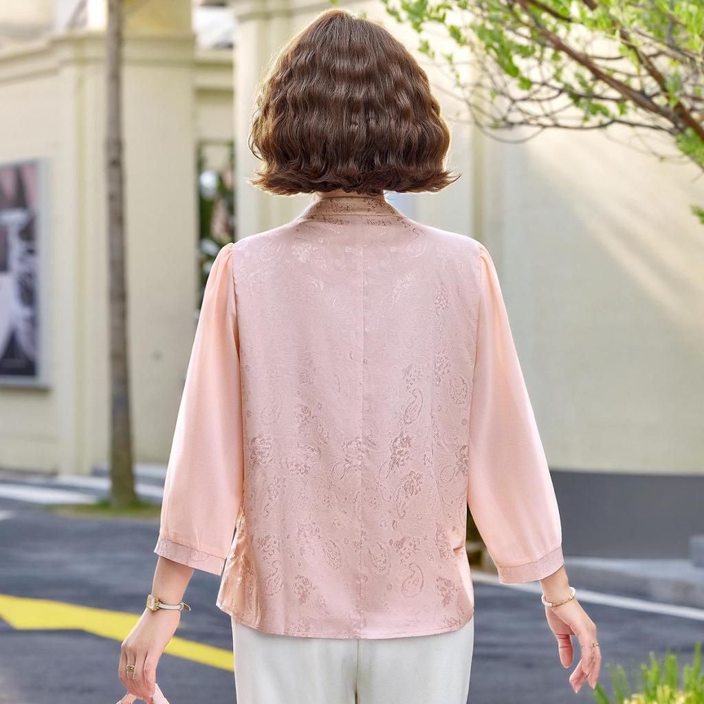 Stylish Spring & Autumn Seven-Sleeve Embroidered Top for Middle-Aged and Elderly Women - New Chinese National Style Shirt