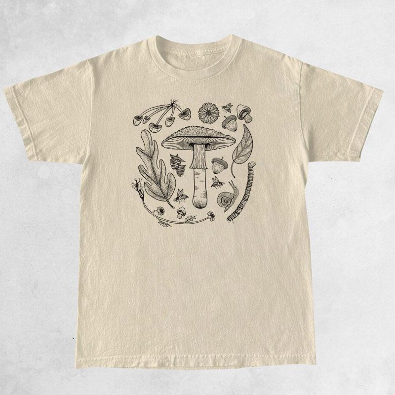 Aesthetic Forest Mushrooms Tshirt Vintage Botanical Nature Walk Tee Shirt Top Funny Women Graphic Mycologist Tshirt