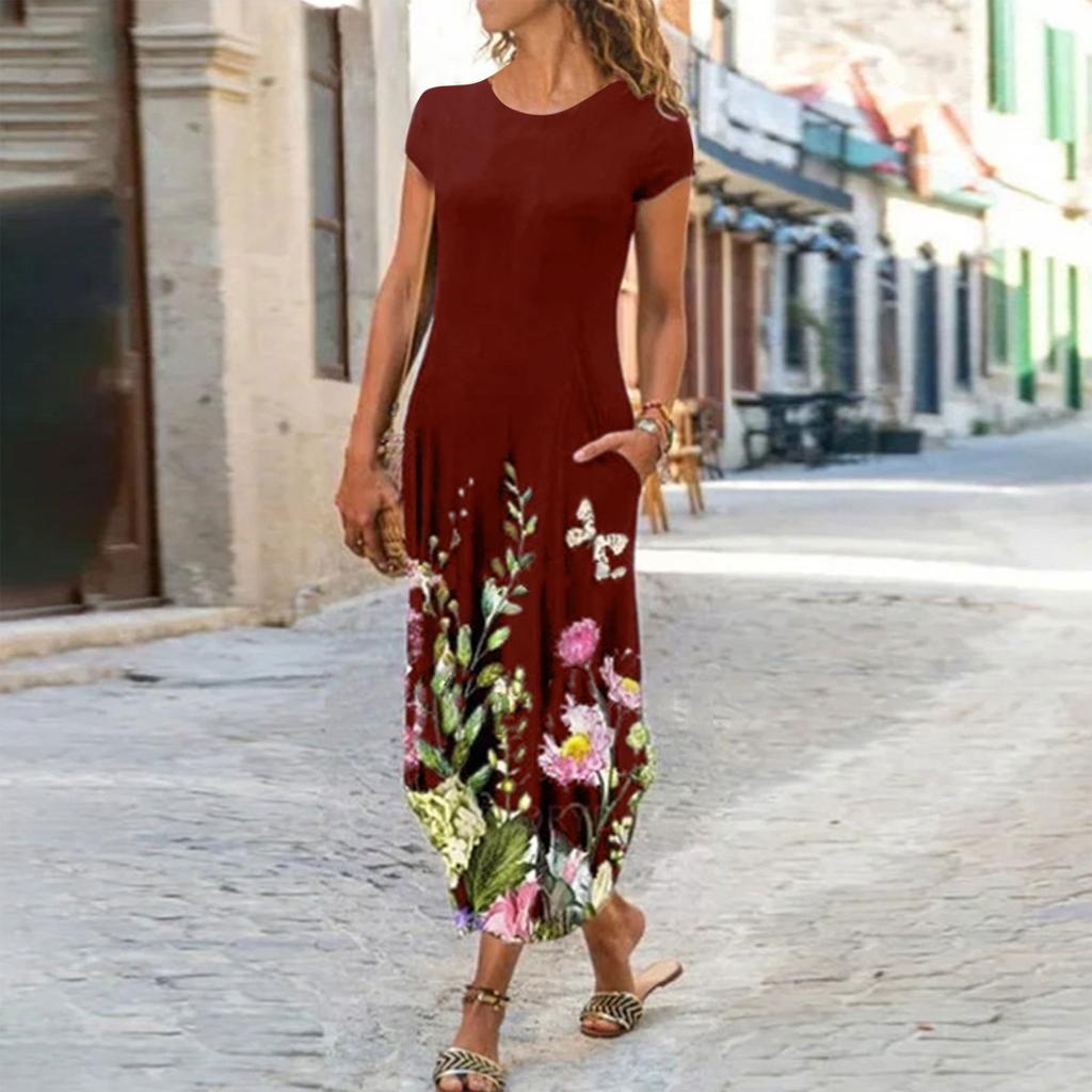 Women's Round Neck Pocket Short Sleeve Pullover Fashion Printed Dresses