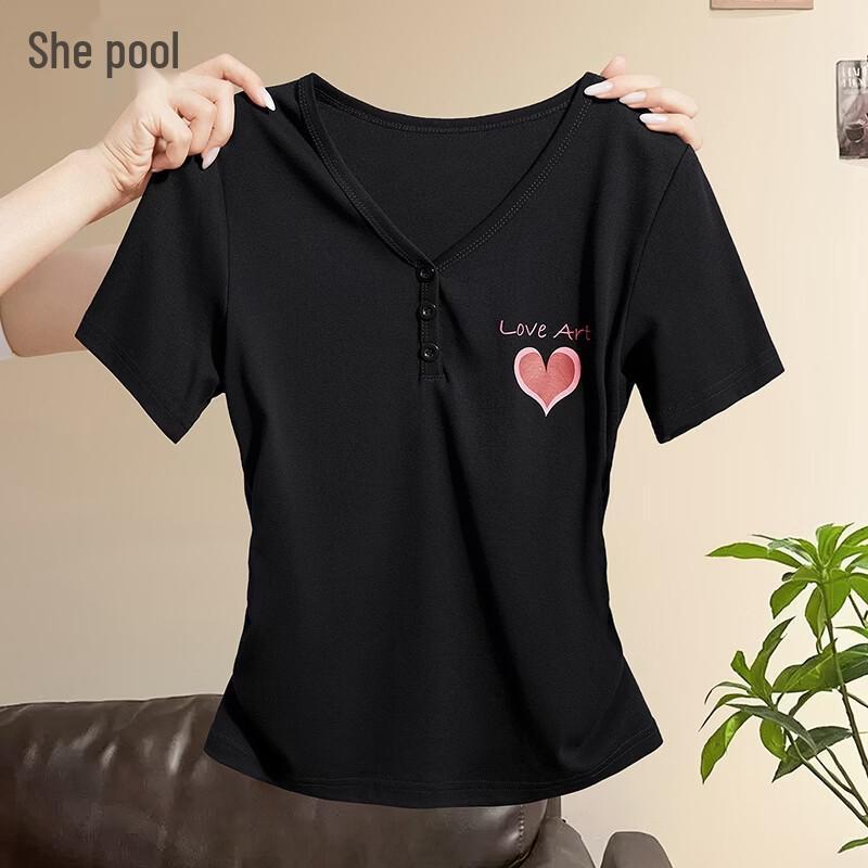 Women s Heart & Letter Print V-Neck Slim Fit T-Shirt M