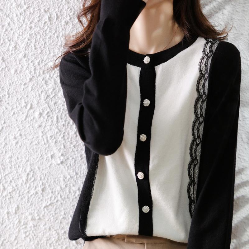 Women's Color Block Cashmere Knit Cardigan - Autumn/Winter Round Neck Lace Sweater Coat