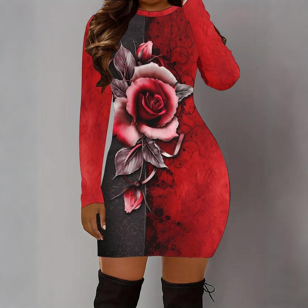 Podzim a zima 2025 Nové dámské módní šaty s 3D potiskem a barvením s motivem srdce, s dlouhým rukávem, kulatým výstřihem, obepínající boky, limitovaná edice ke Dni svatého Valentýna