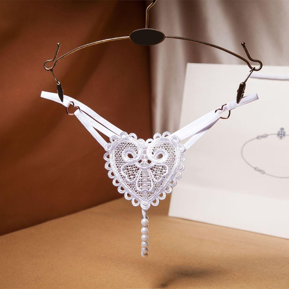 Transparent Sexy Low-Rise Embroidery Love Heart Underwear Thongs Lingerie Pearl Massage Panties