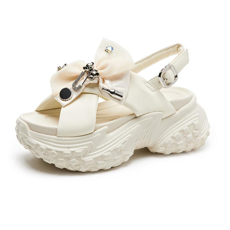 Sandals Summer 2025 New Leather Cross with Metal Bow Small Muffin Platform Roman Women's Shoes