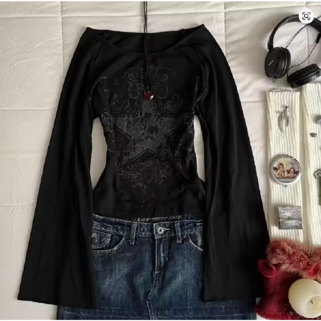 2KWEIRD חולצות טי ארוכות משנות ה-90 בגדי E-Girl אסתטיות Streetwear חולצות טי ארוכות האראג'וקו פאנק דוגמת אותיות חולצות ארוכות סקסיות
