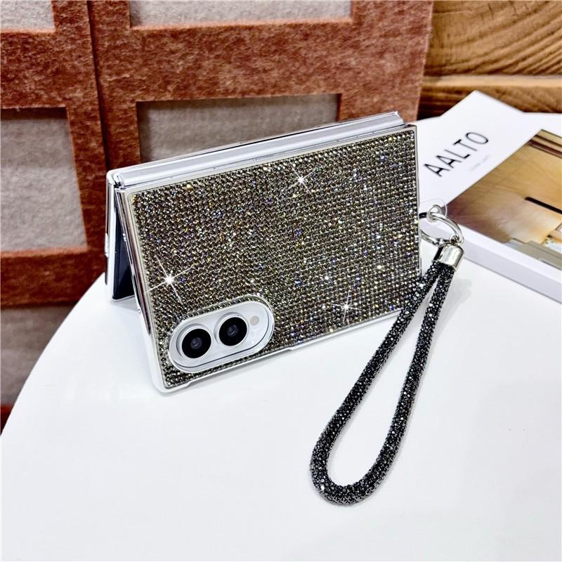 Plně diamantový kryt na telefon Bling pro Samsung Galaxy Z Fold 8 Fold 7 Fold 6 5 4 Fold8 Ultra s třpytivým řemínkem Luxusní pokovený kryt