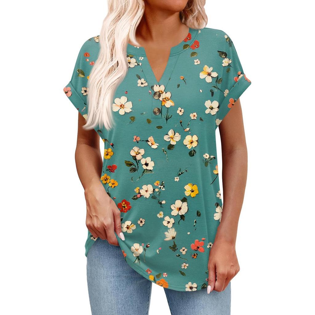 Dámský módní ležérní krátkorukávový svetr s výstřihem do V, na knoflíky, s potiskem