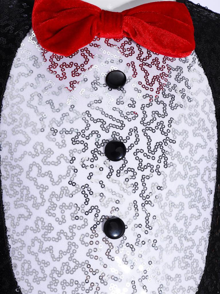 Girls Penguin Costume Color Contrast Sequins Dress Round Neck Short Sleeve Bow Tie Buttons Puffy Mesh Skirt