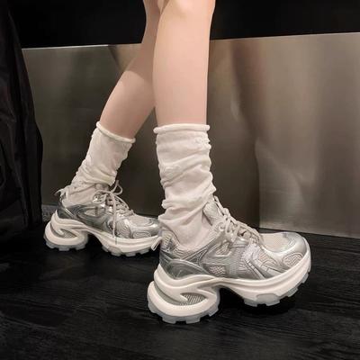 Silver Thick-soled Heightening Dad Shoes for Women's Summer and Autumn New Mesh Breathable Casual Versatile Sports Shoes for Women