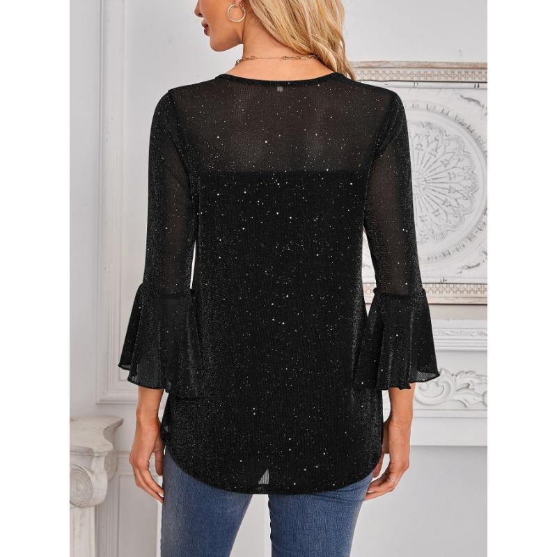 Popular Summer Three-quarter Sleeve Shirt Pleated Bell Sleeves Round Neck Mesh Top