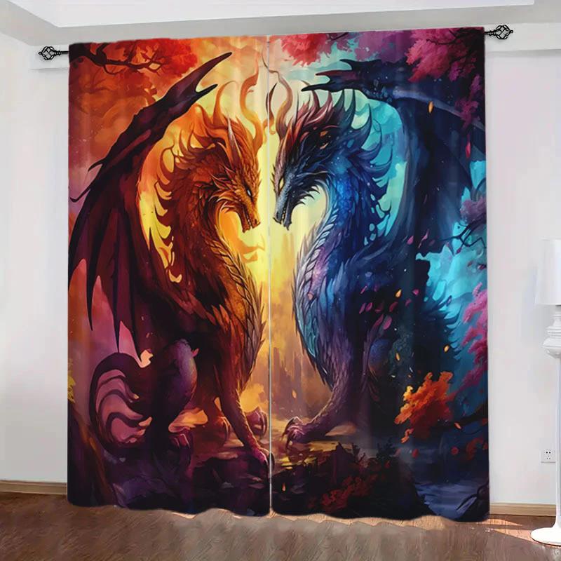 2 pieces of modern dragon pattern printed curtains, pole bag bedroom and living room, home decoration, room decoration