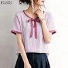 ZANZEA Women Casual Round Neck Loose Short Sleeve Stripe Blouse