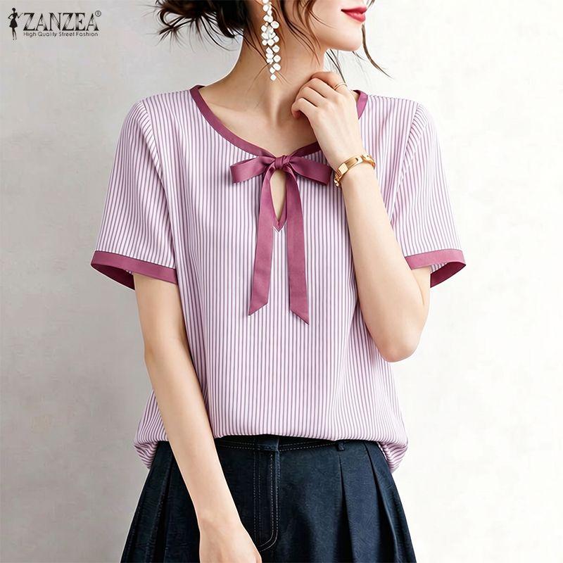 ZANZEA Women Casual Round Neck Loose Short Sleeve Stripe Blouse