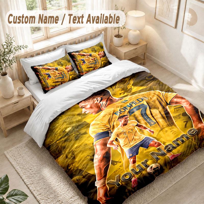 Custom Name Bedding Set 3 PiecesCristiano Ronaldo Print Duvet Cover + 2 Pillowcases Soft Bed Decor