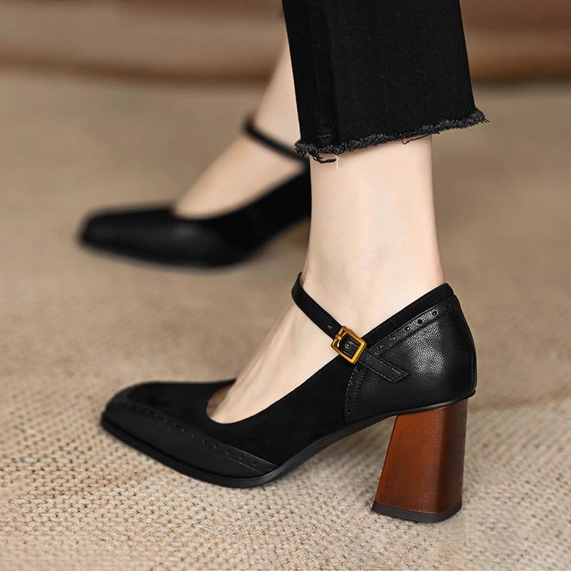 Autumn New Coarse Heel Single Shoes Women's Square Head Shallow Mouth One Line Buckle High Heel Low Top Shoes