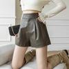 Shorts Women's Casual High Waist Leather Pants Loose Slit Slim A-line Wide-leg Pants